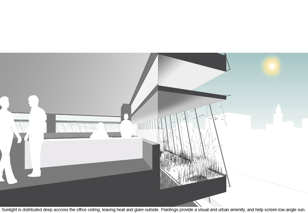 Retrofitted office building exterior light shelves control sunlight.