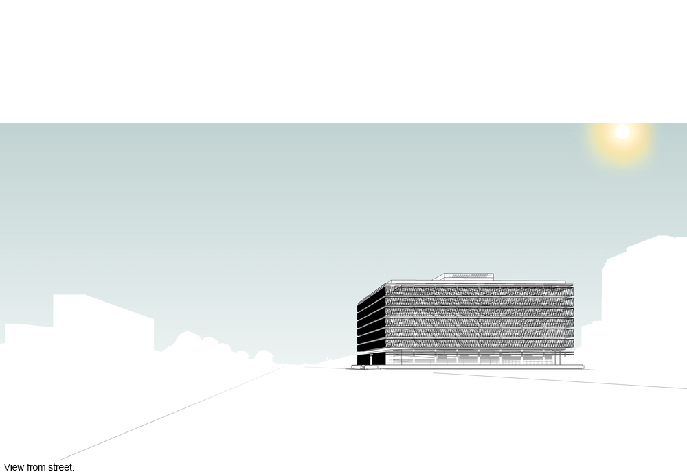 Retrofitted office building exterior light shelves control sunlight.