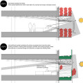 Retrofitted office building exterior light shelves control sunlight.