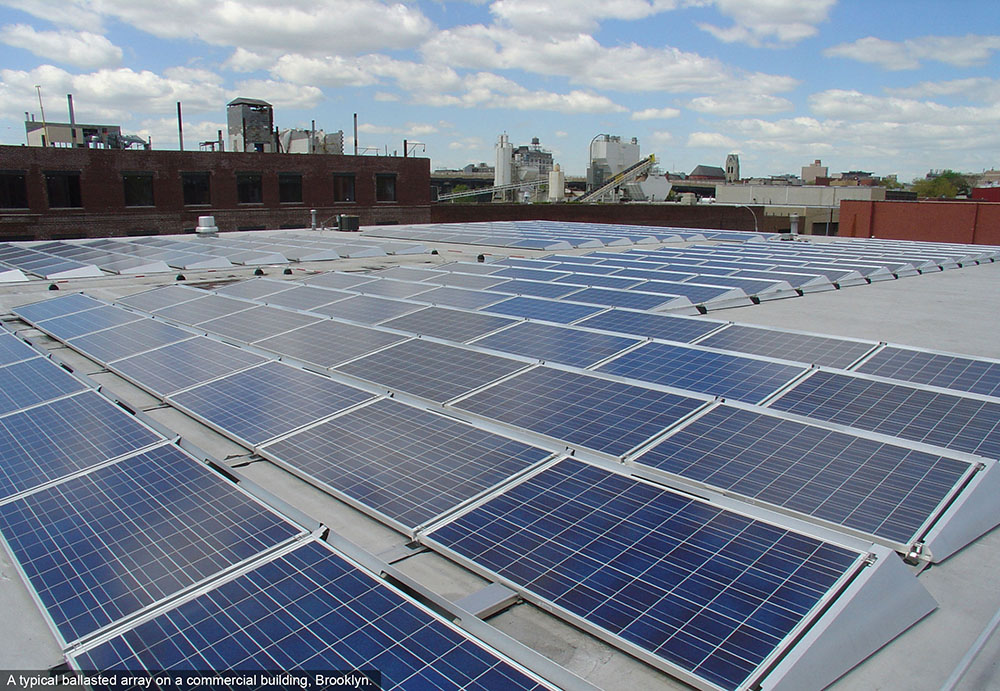 Ballasted rooftop solar array Brooklyn NY.