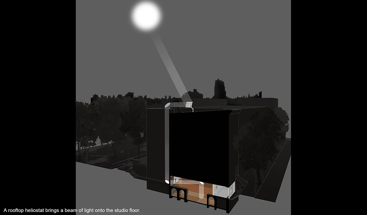 Diagram of rooftop heliostat and reflection to cellar.
